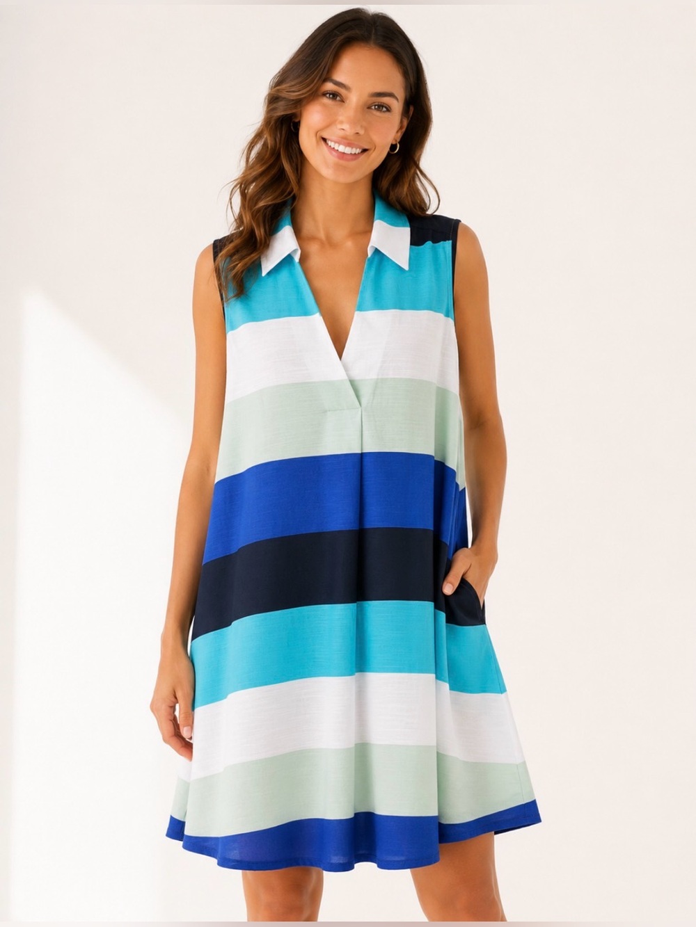 Liz Clairborne NEW 16W‎ Multi Color V-Neck Sleeveless Striped A-Line Midi Dress